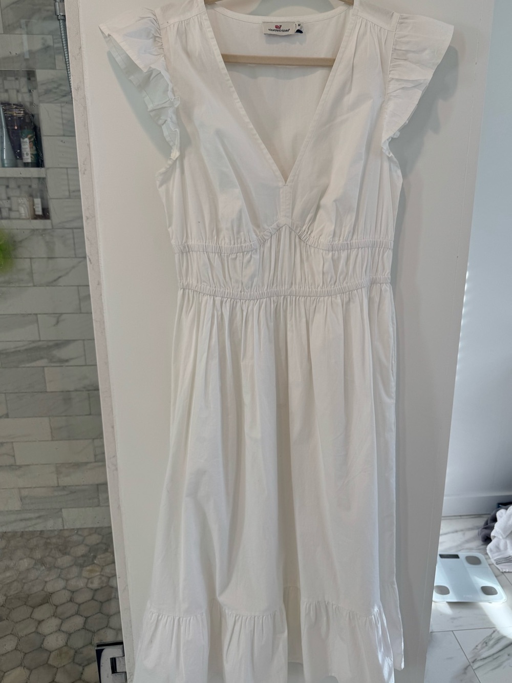 Vineyard Vines White Ruffle Sleeve V-Neck Midi Dress